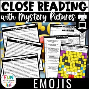 Emojis Themed Reading Comprehension Passages with Mystery Grid Pictured