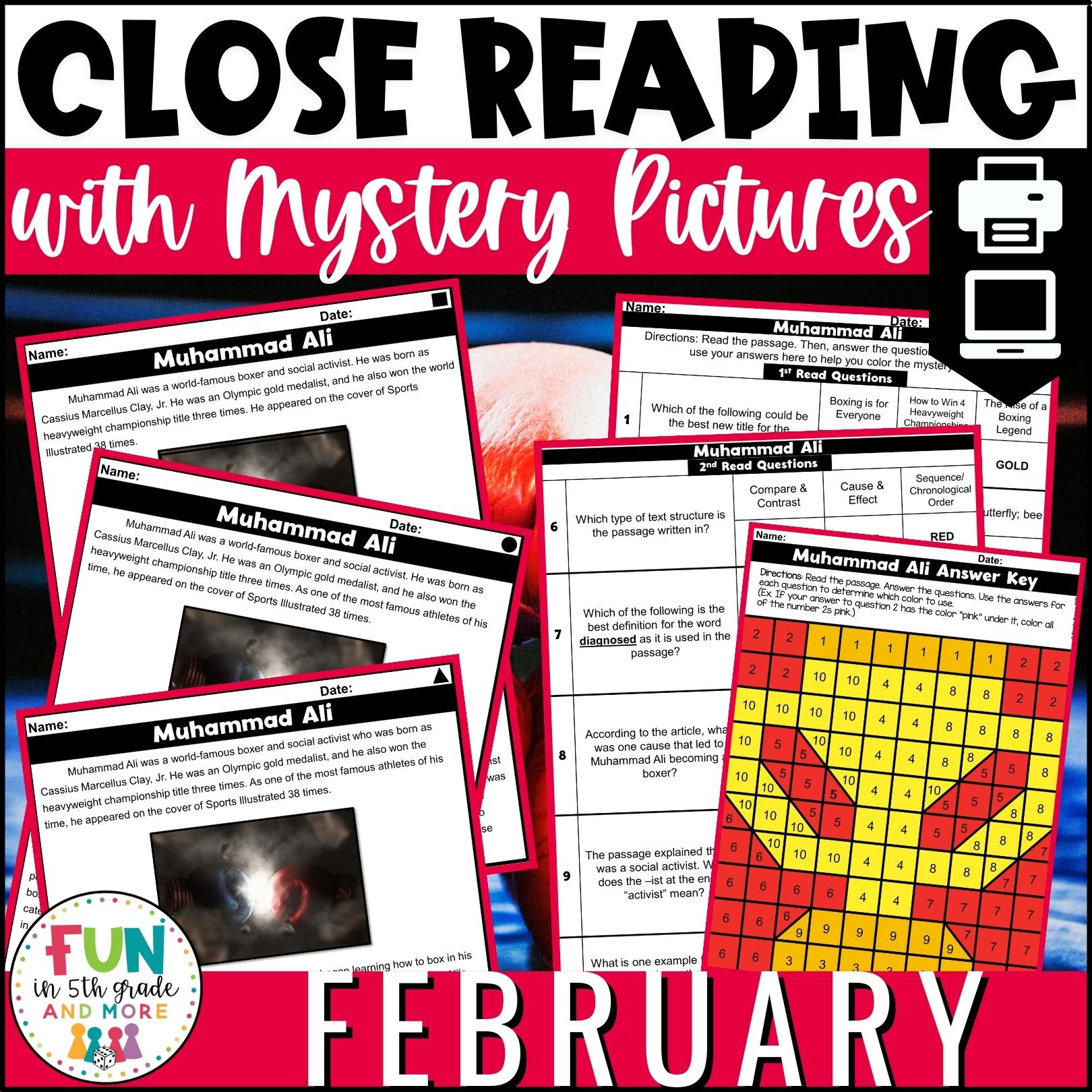 February Reading Comprehension Passages with Mystery Grid Pictured