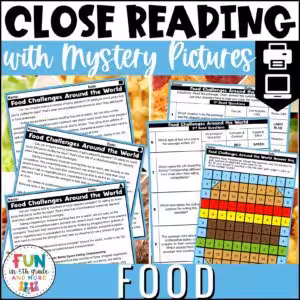 Food Themed Reading Comprehension Passages with Mystery Grid Pictured