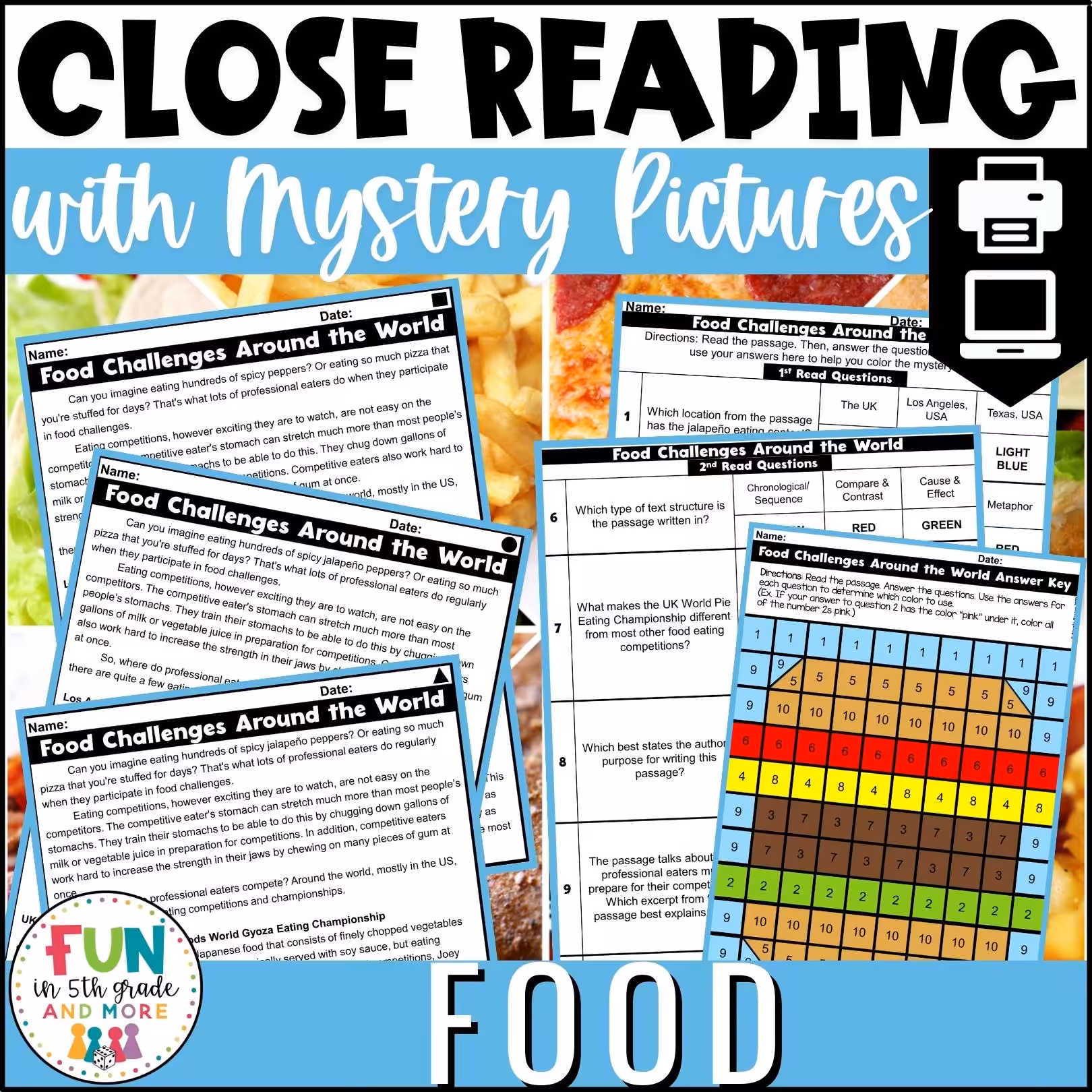 Food Themed Reading Comprehension Passages with Mystery Grid Pictured