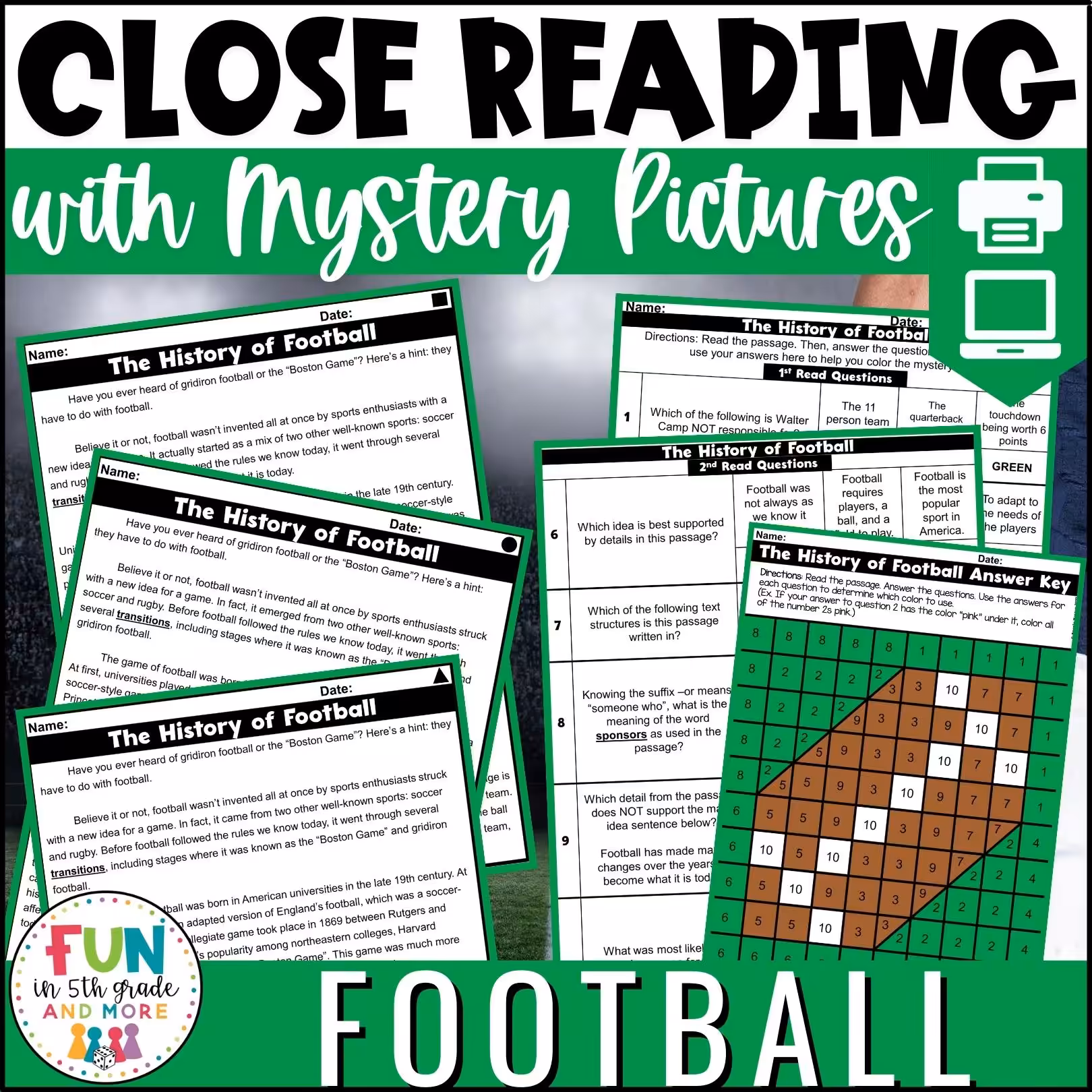 Football Themed Reading Comprehension Passages with Mystery Grid Pictured