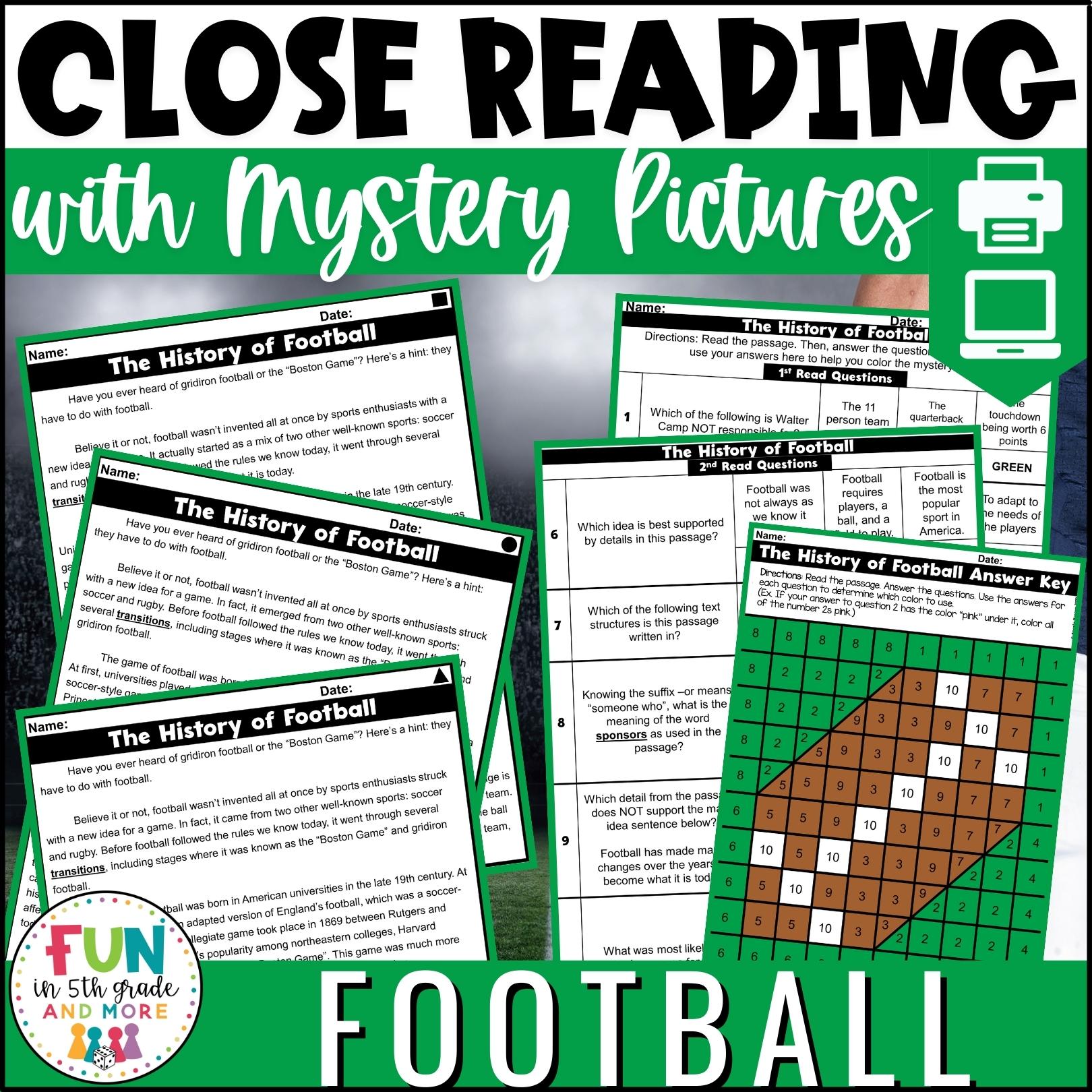 Football Themed Reading Comprehension Passages with Mystery Grid Pictured