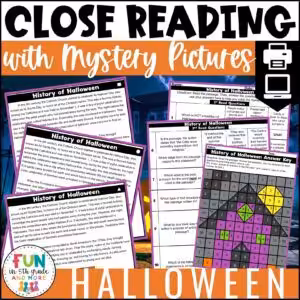 Halloween Reading Comprehension Passages with Mystery Grid Pictured
