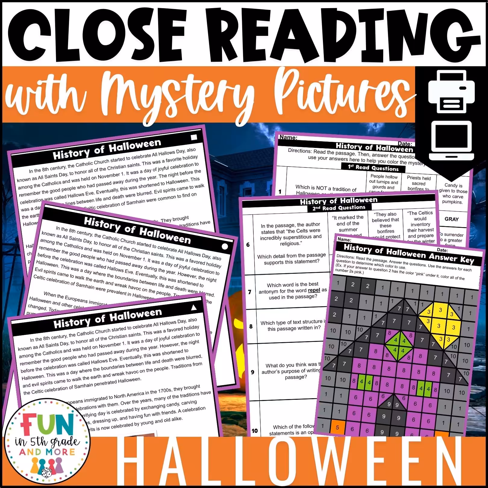 Halloween Reading Comprehension Passages with Mystery Grid Pictured