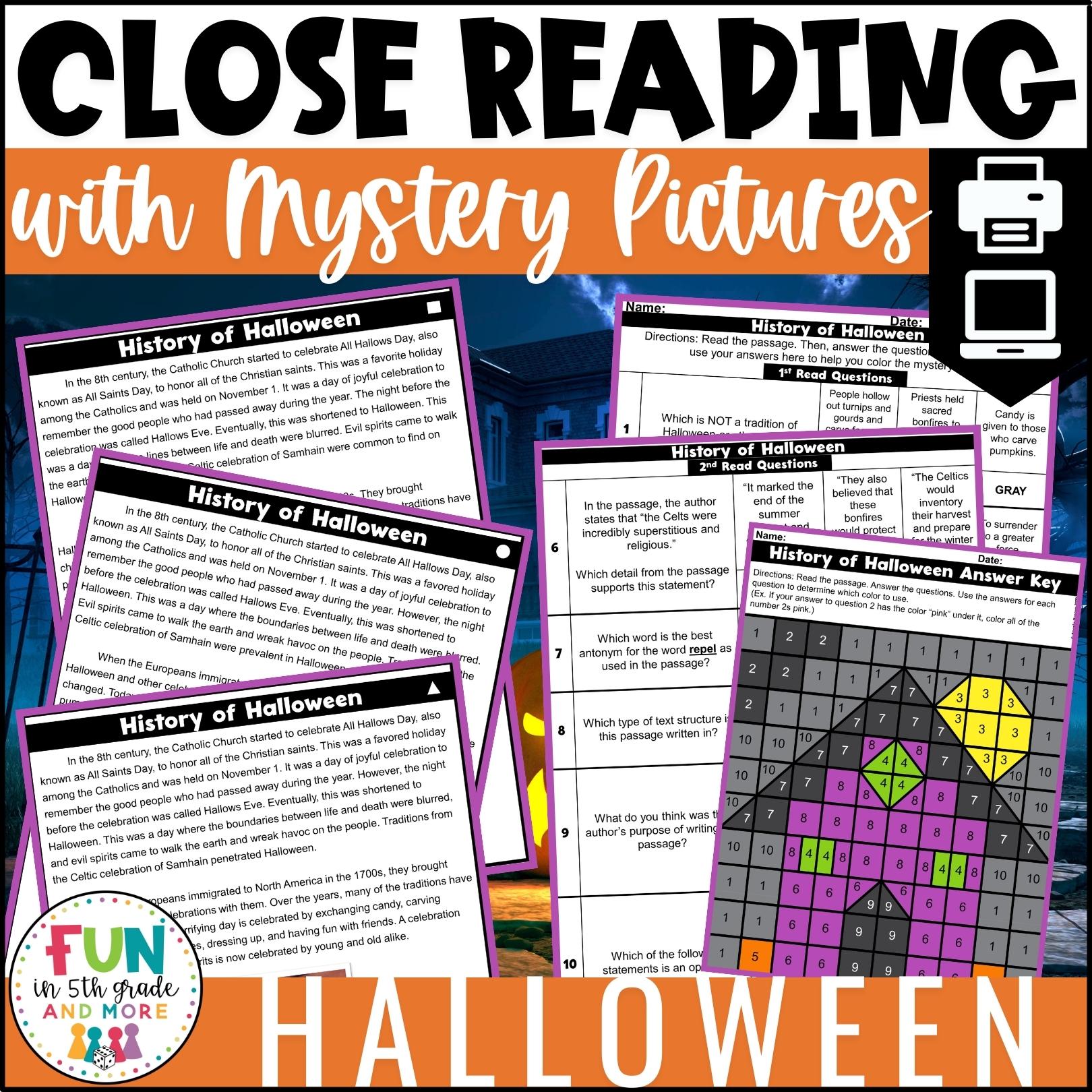 Halloween Reading Comprehension Passages with Mystery Grid Pictured