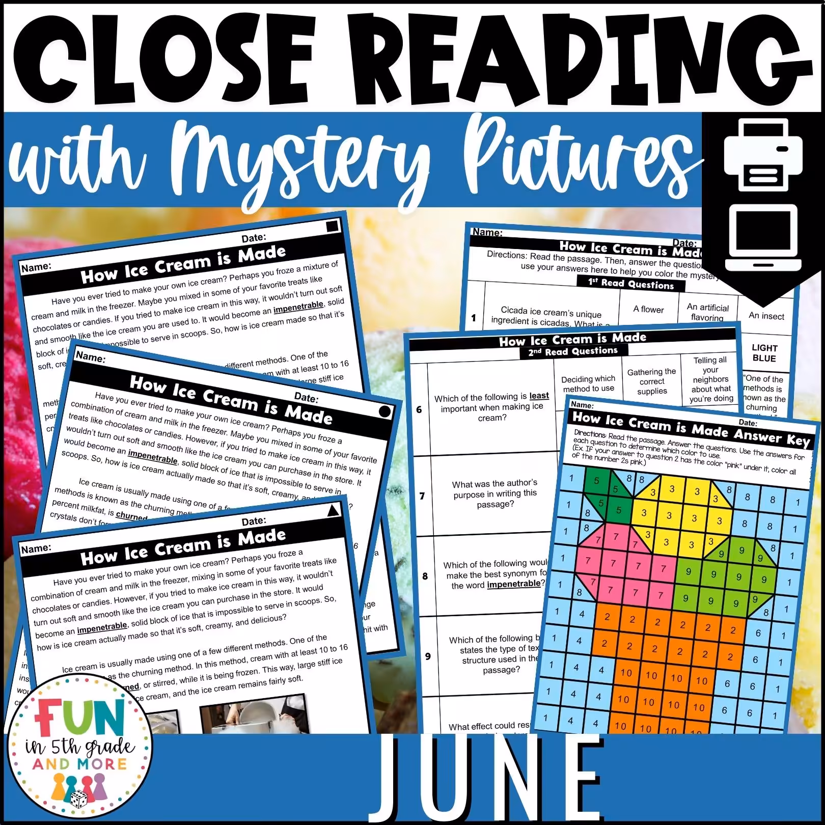 June Reading Comprehension Passages with Mystery Grid Pictured