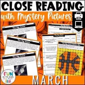 March Reading Comprehension Passages with Mystery Grid Pictured