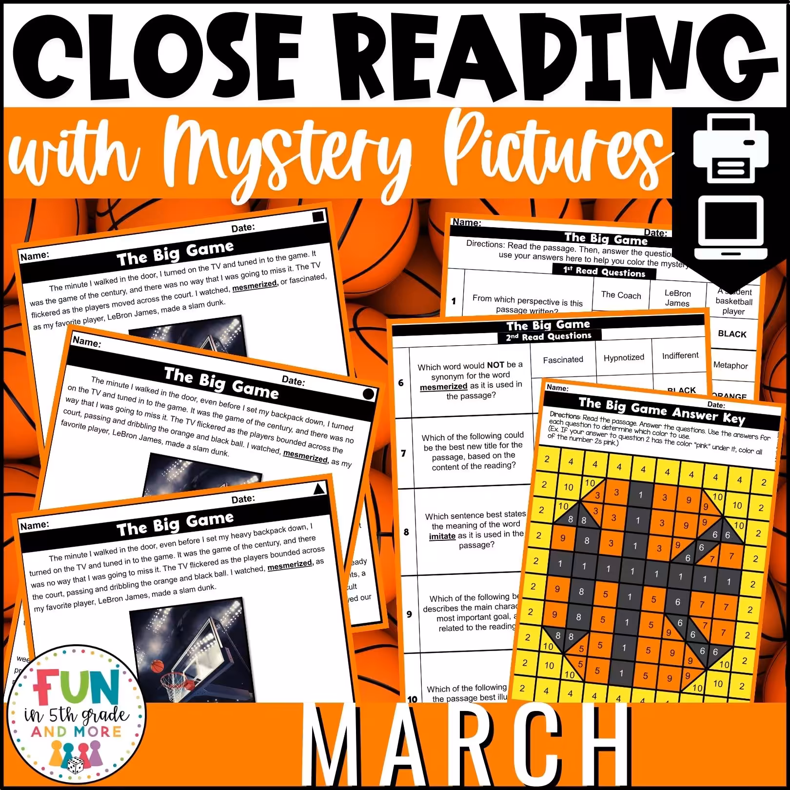 March Reading Comprehension Passages with Mystery Grid Pictured