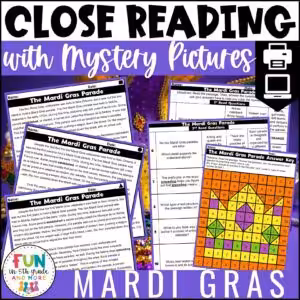 Mardi Gras Reading Comprehension Passages with Mystery Grid Pictured