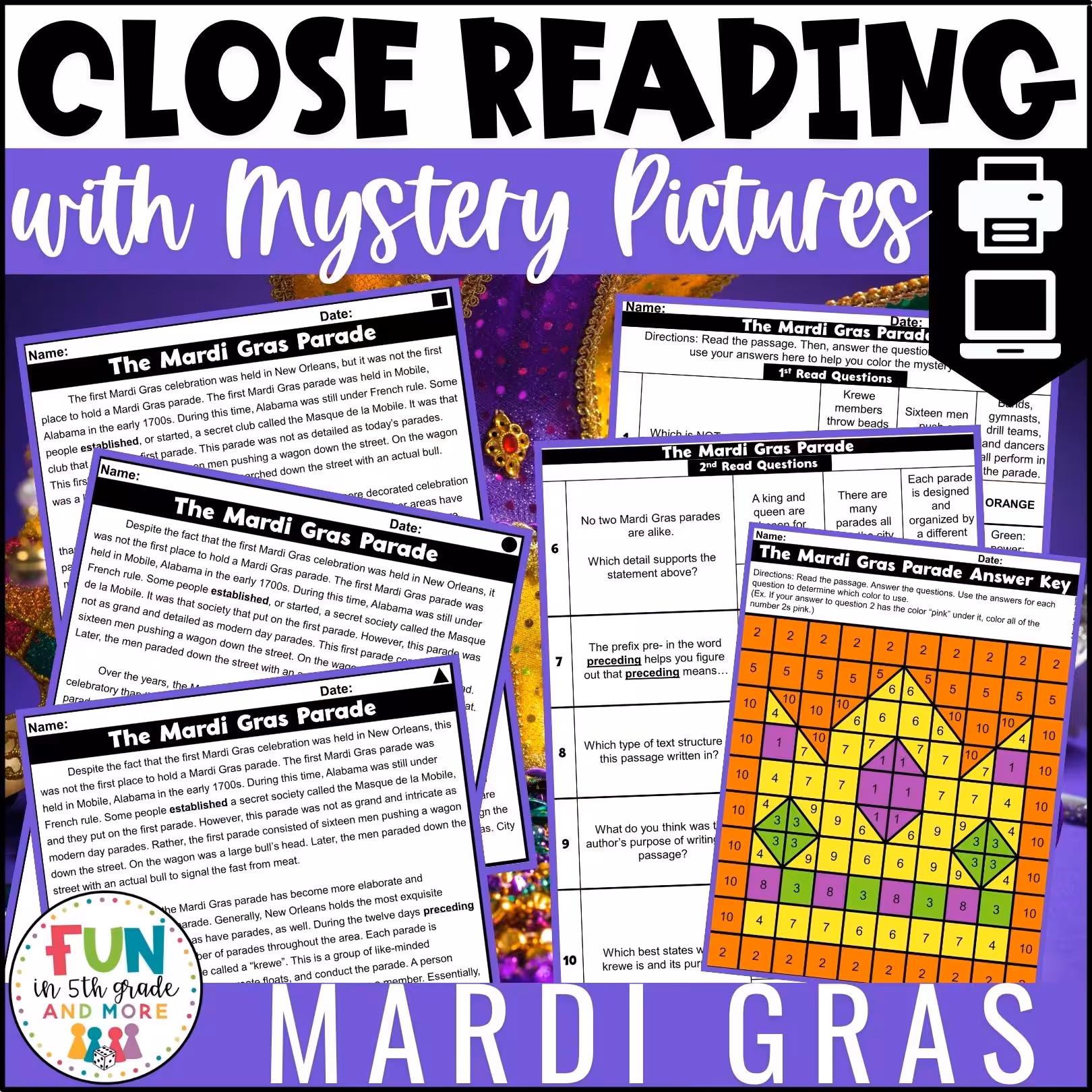 Mardi Gras Reading Comprehension Passages with Mystery Grid Pictured