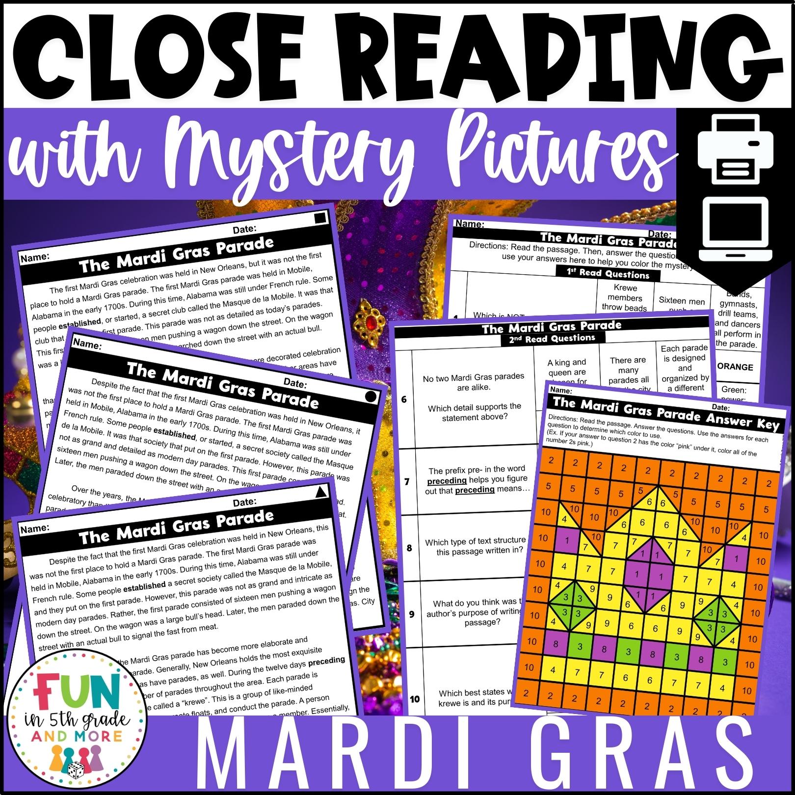 Mardi Gras Reading Comprehension Passages with Mystery Grid Pictured