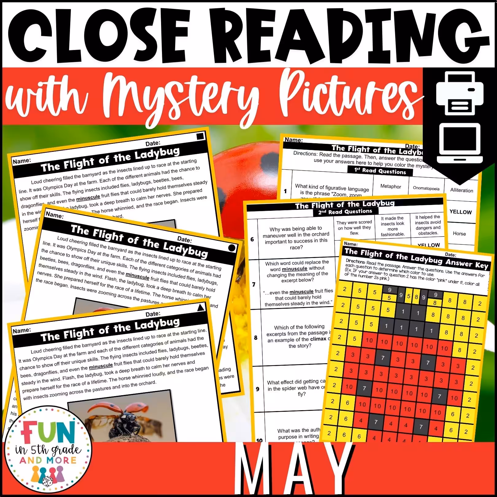 May Reading Comprehension Passages with Mystery Grid Pictured