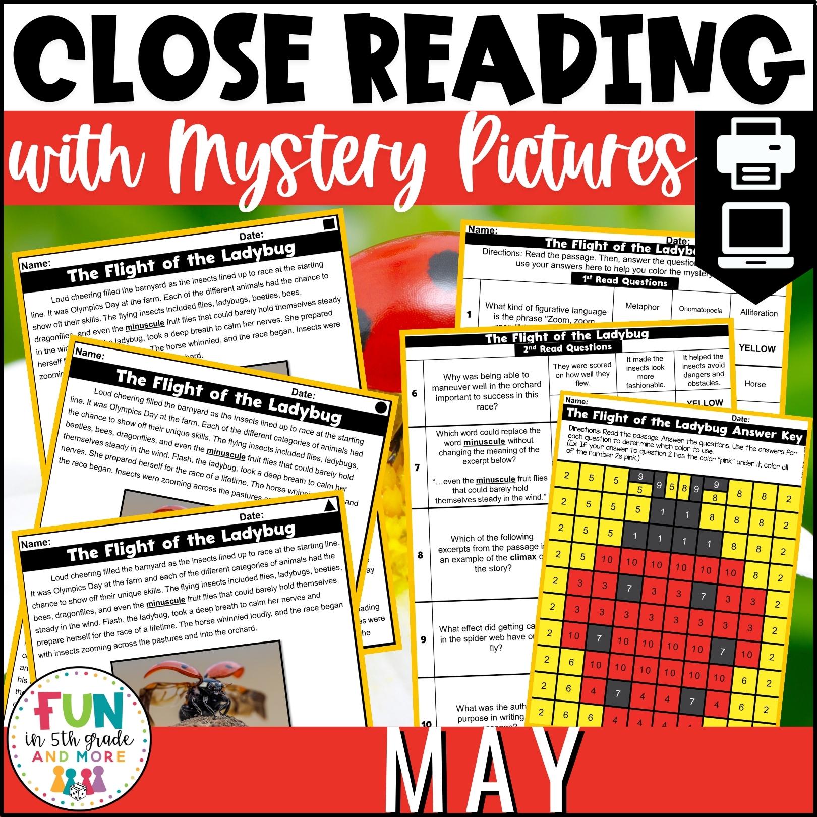 May Reading Comprehension Passages with Mystery Grid Pictured