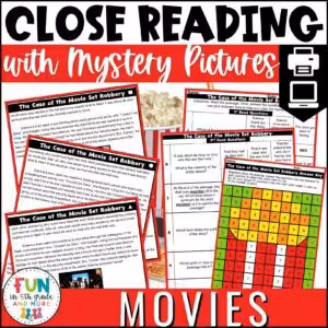 Movie Themed Reading Comprehension Passages with Mystery Grid Pictured