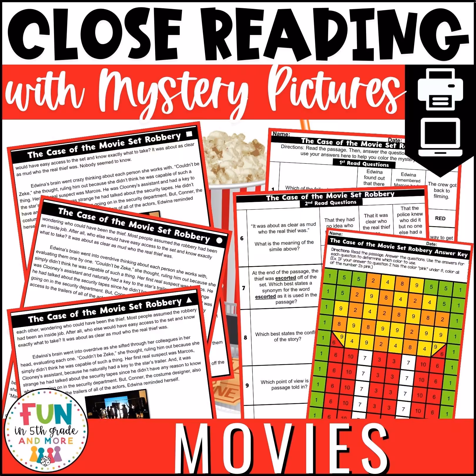 Movie Themed Reading Comprehension Passages with Mystery Grid Pictured