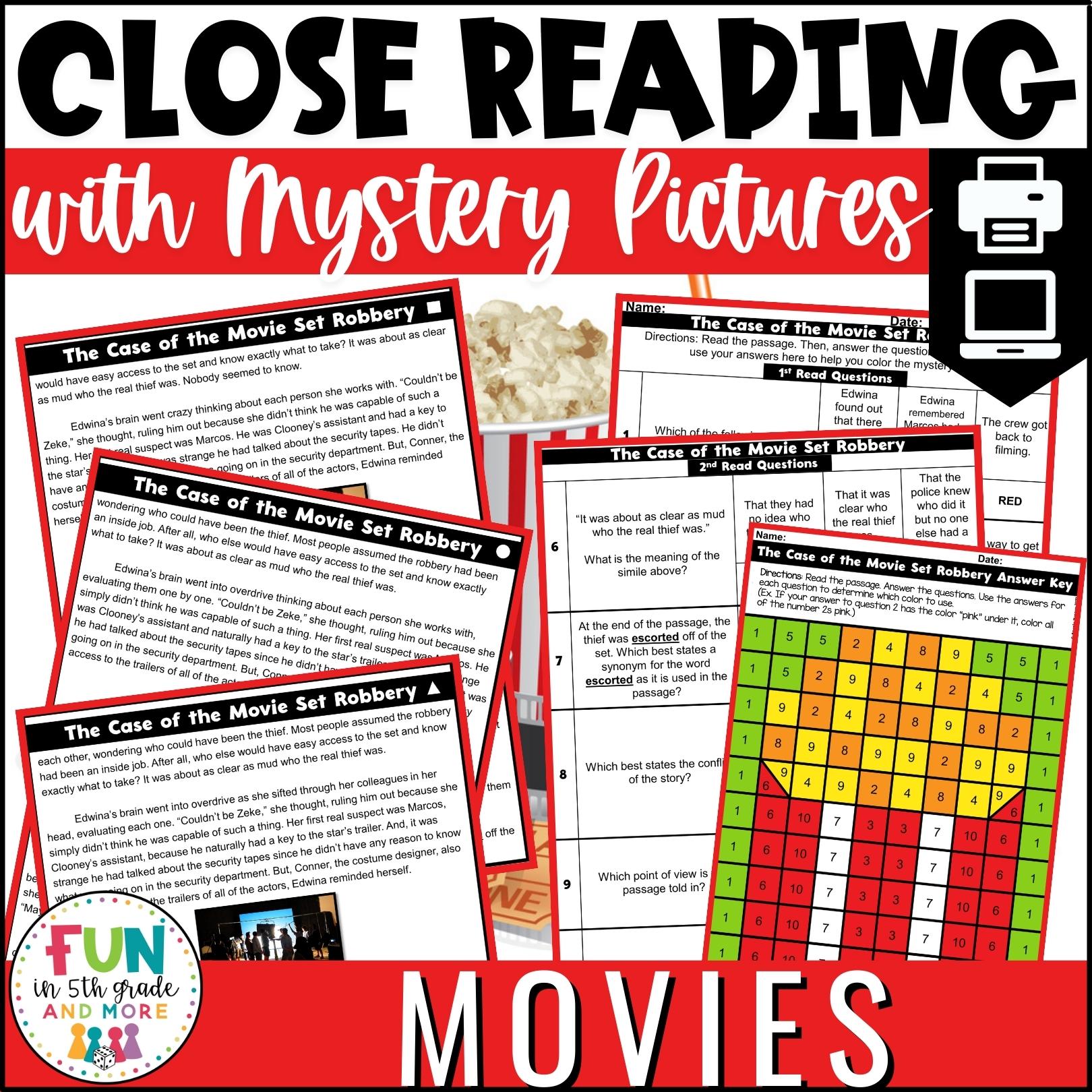 Movie Themed Reading Comprehension Passages with Mystery Grid Pictured