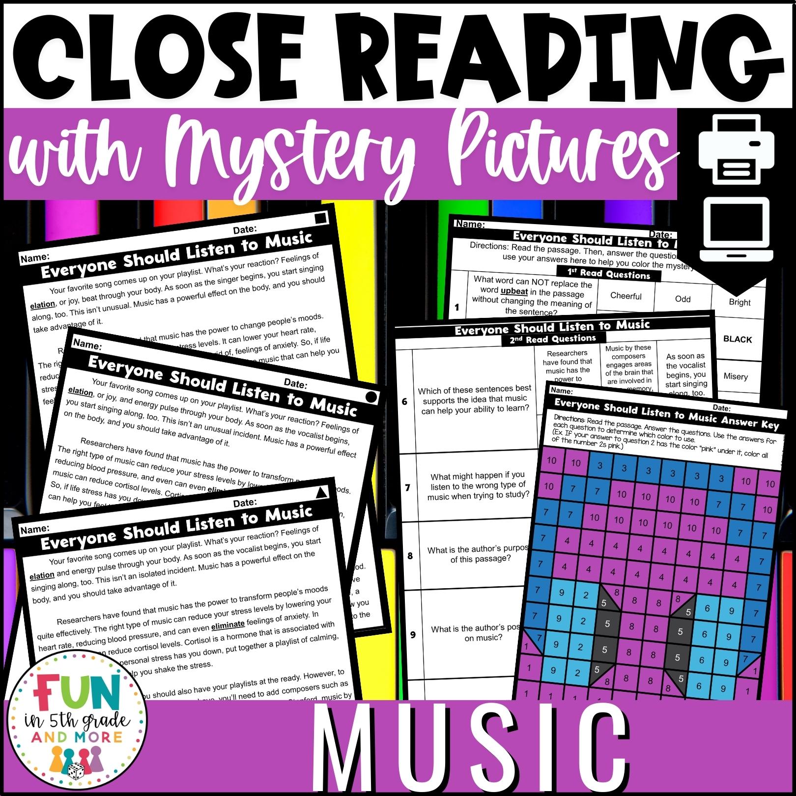 Music Themed Reading Comprehension Passages with Mystery Grid Pictured