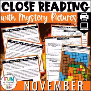 November Reading Comprehension Passages with Mystery Grid Pictured