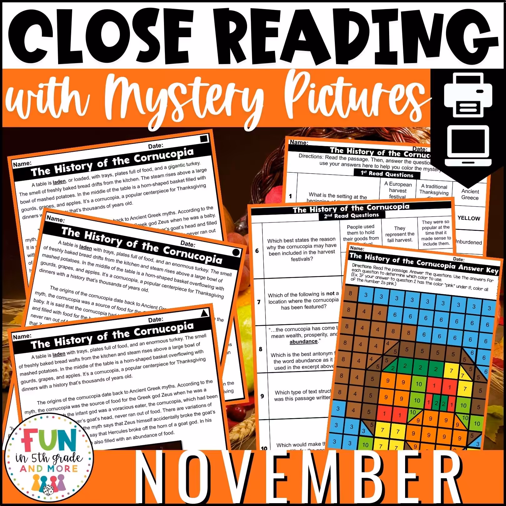 November Reading Comprehension Passages with Mystery Grid Pictured