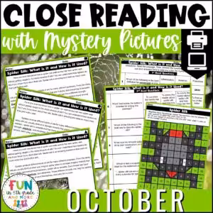 October Reading Comprehension Passages with Mystery Grid Pictured