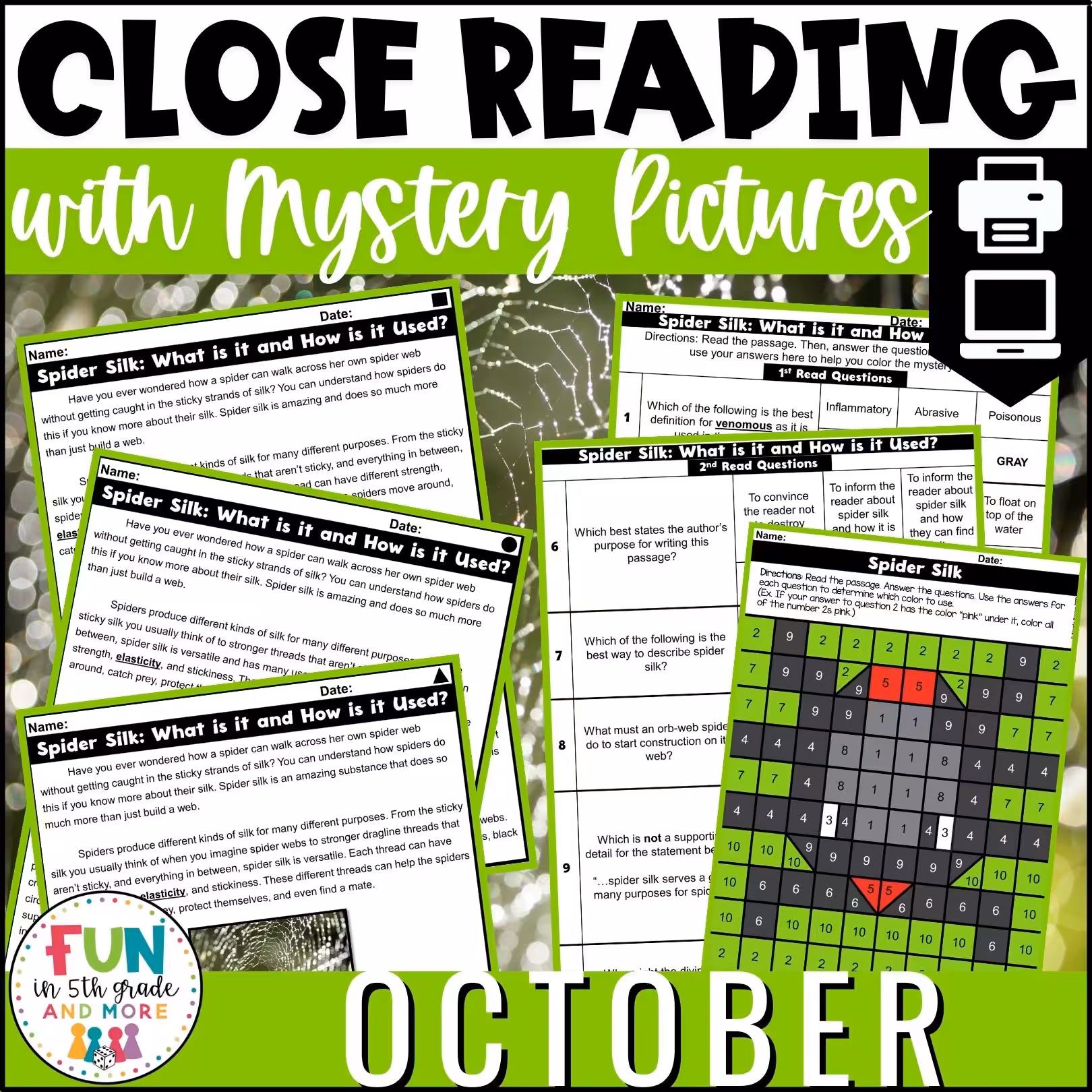 October Reading Comprehension Passages with Mystery Grid Pictured