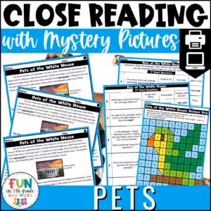 Pets Themed Reading Comprehension Passages with Mystery Grid Pictured