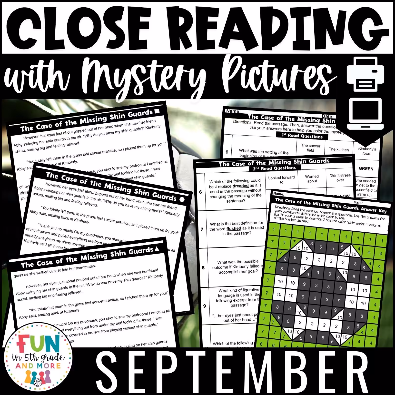 September Reading Comprehension Passages with Mystery Grid Pictured