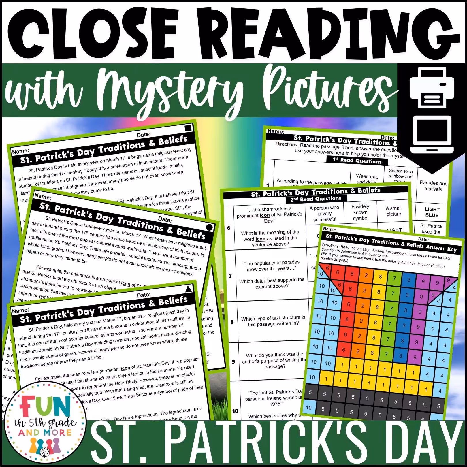 St. Patrick's Day Reading Comprehension Passages with Mystery Grid Pictured