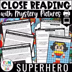 Superhero Themed Reading Comprehension Passages with Mystery Grid Pictured