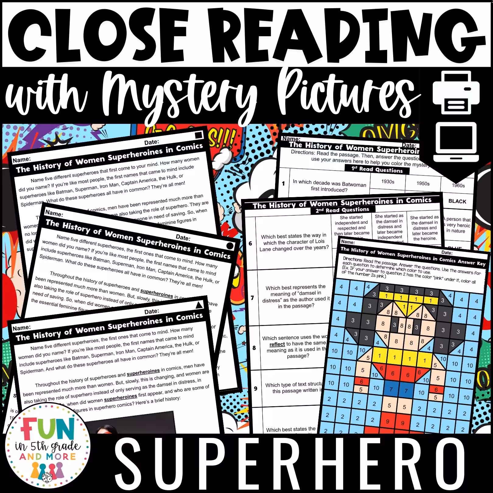 Superhero Themed Reading Comprehension Passages with Mystery Grid Pictured