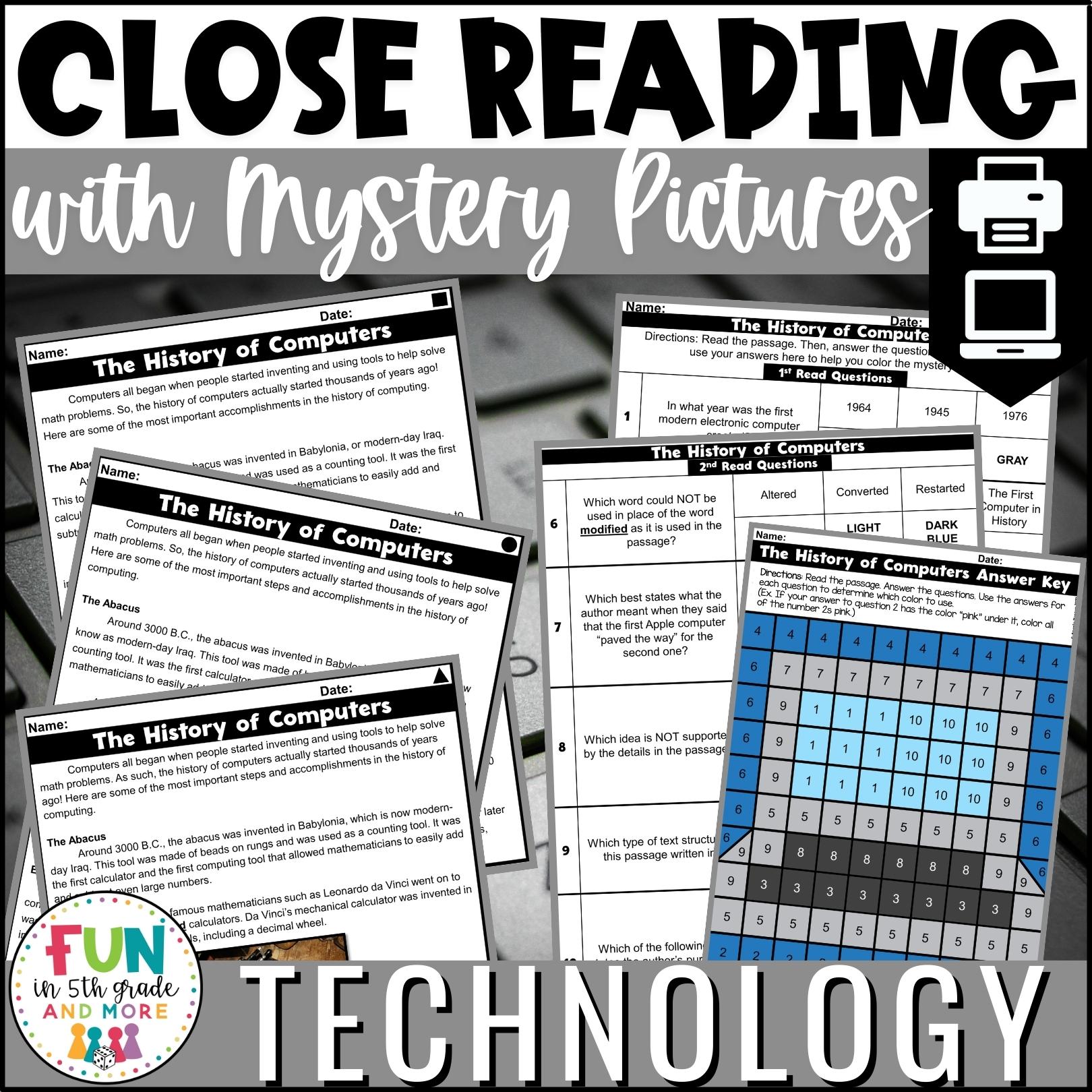 Technology Themed Reading Comprehension Passages with Mystery Grid Pictured