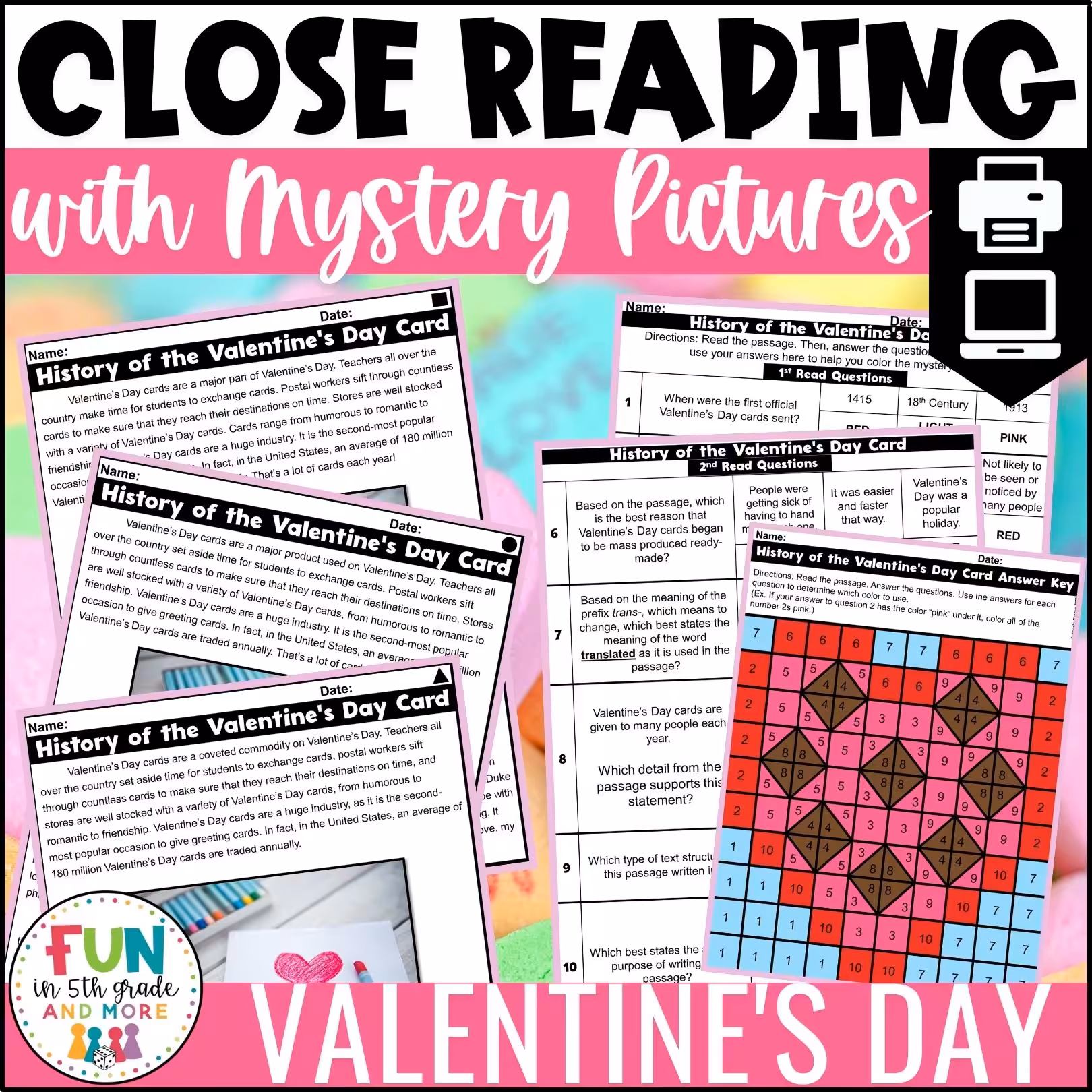 Valentine's Day Reading Comprehension Passages with Mystery Grid Pictured