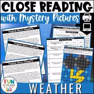 Weather Themed Reading Comprehension Passages with Mystery Grid Pictured