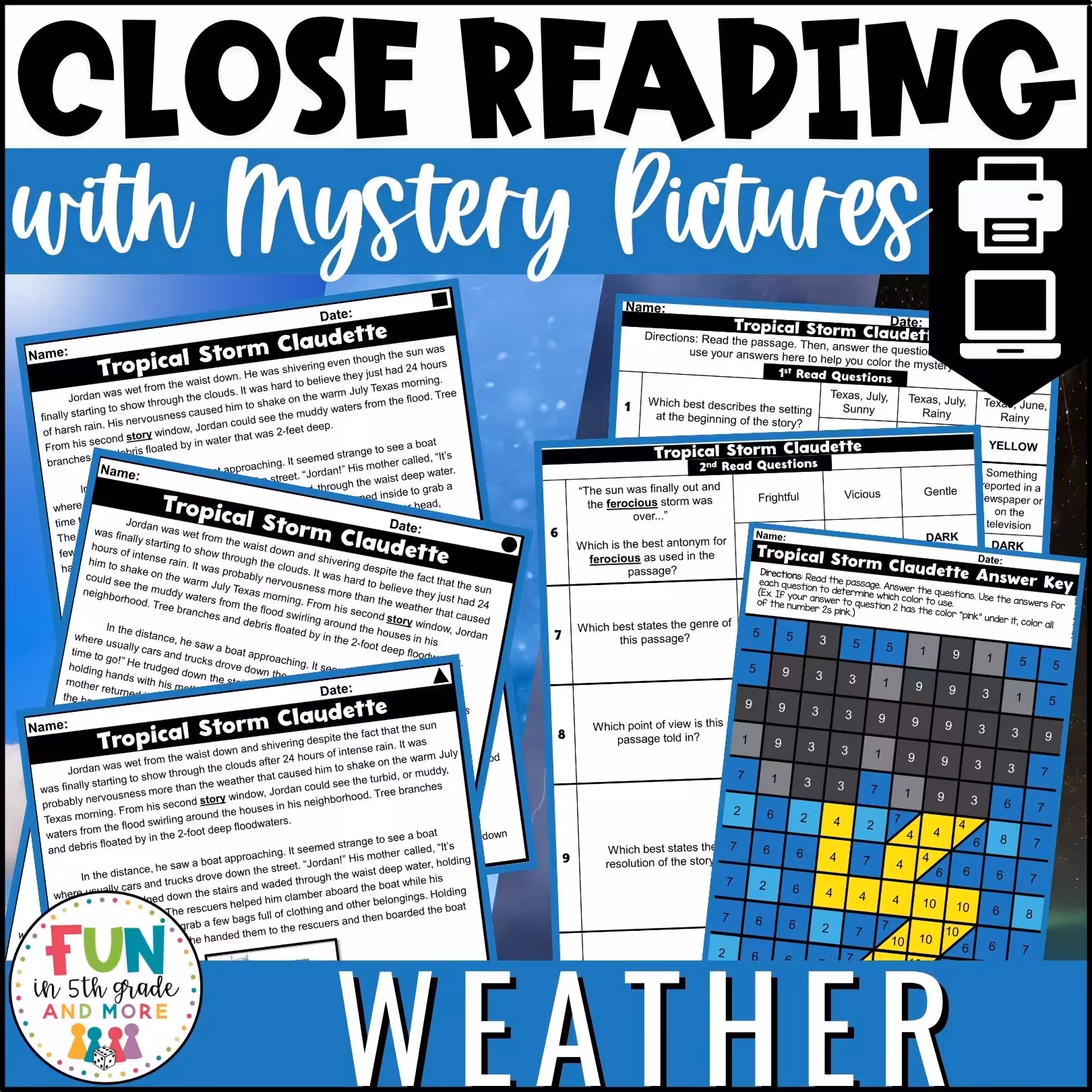 Weather Themed Reading Comprehension Passages with Mystery Grid Pictured