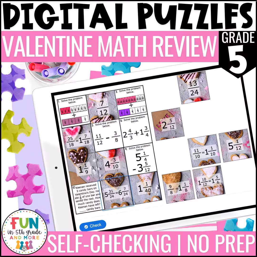 5th Grade Valentine Math Puzzles Digital Review