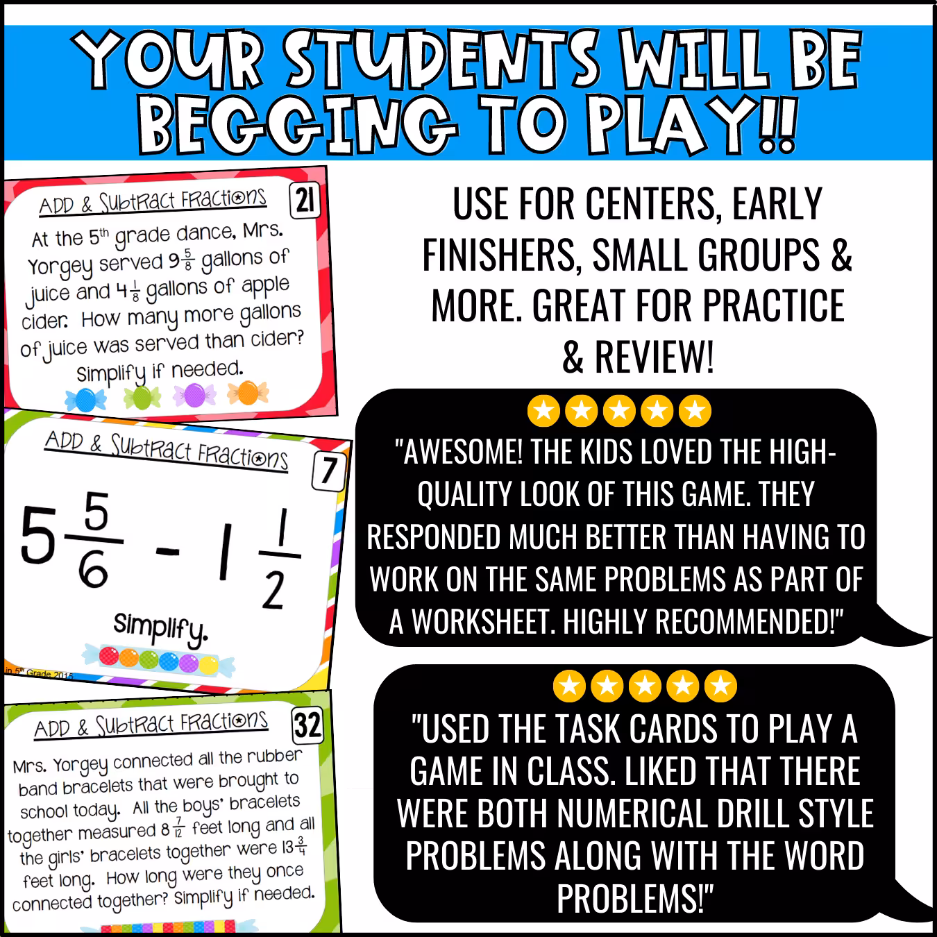 Add and Subtract Fractions Task Cards (4)