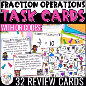 Fractions All Operation Task Cards & Game with QR Codes Math Review