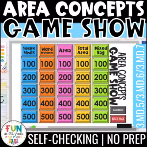Area Concepts Game Show for 3rd Grade Math Review