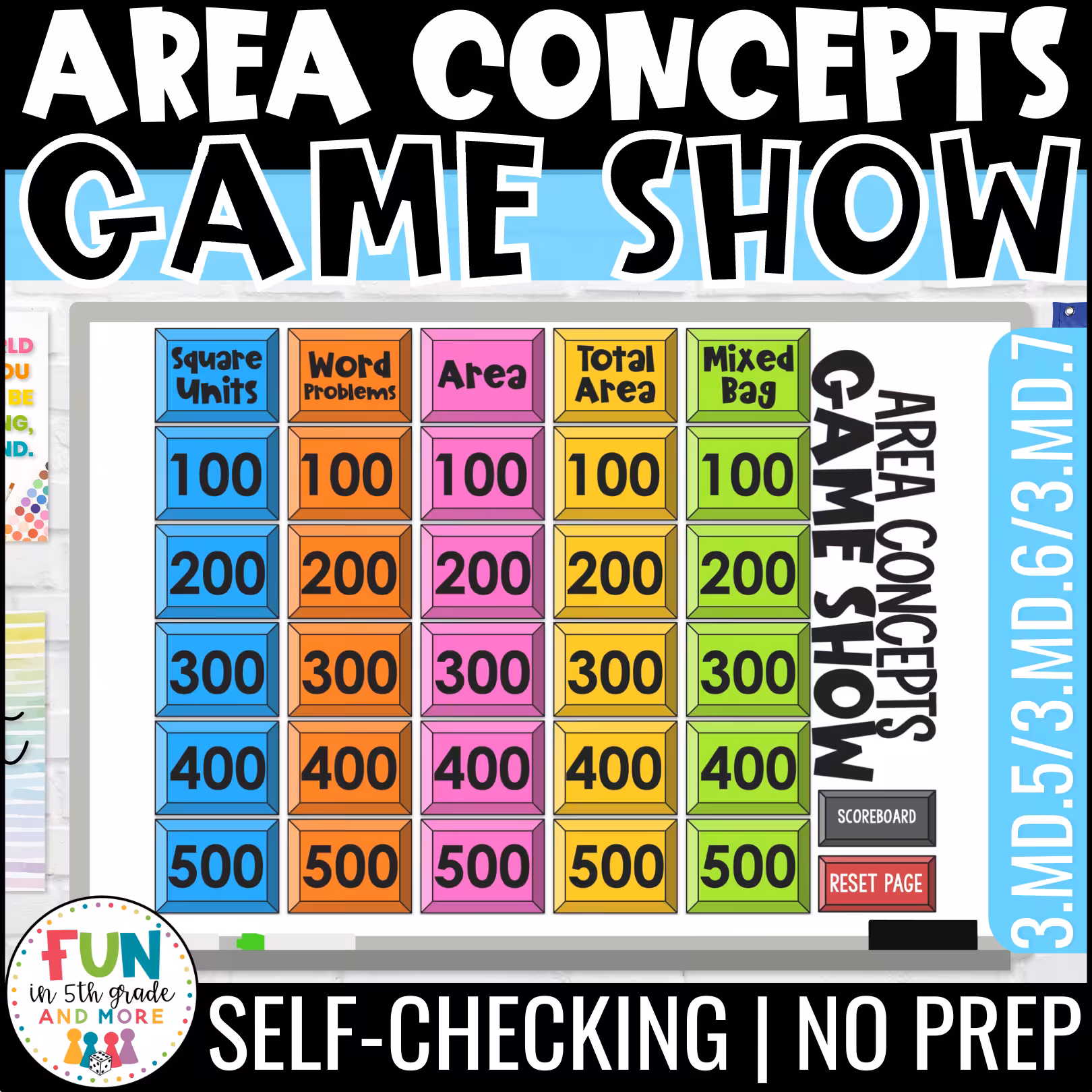 Area Concepts Game Show for 3rd Grade Math Review