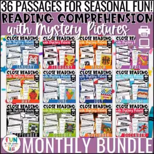 Monthly Reading Comprehension Passages Bundle with Mystery Pictures