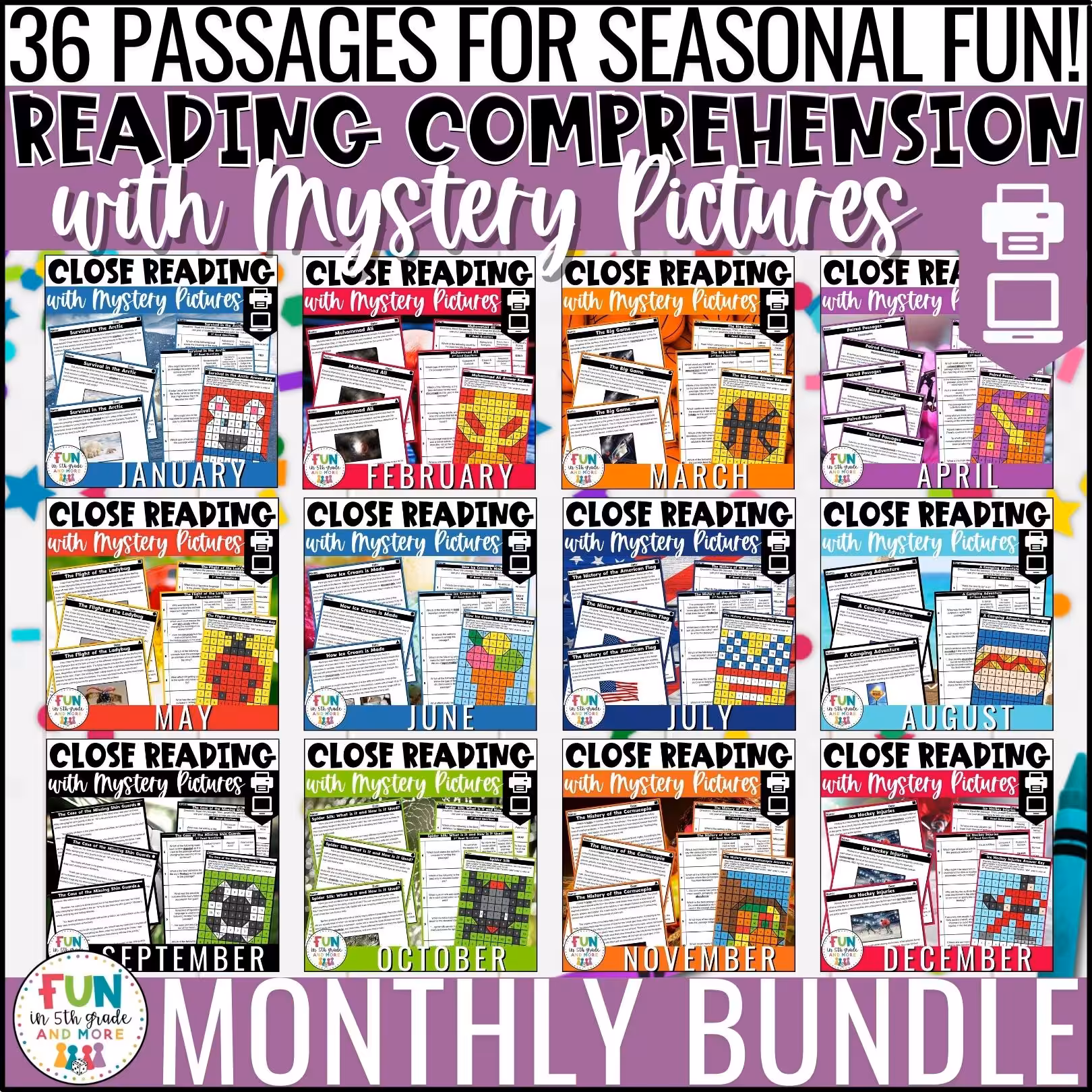 Monthly Reading Comprehension Passages Bundle with Mystery Pictures